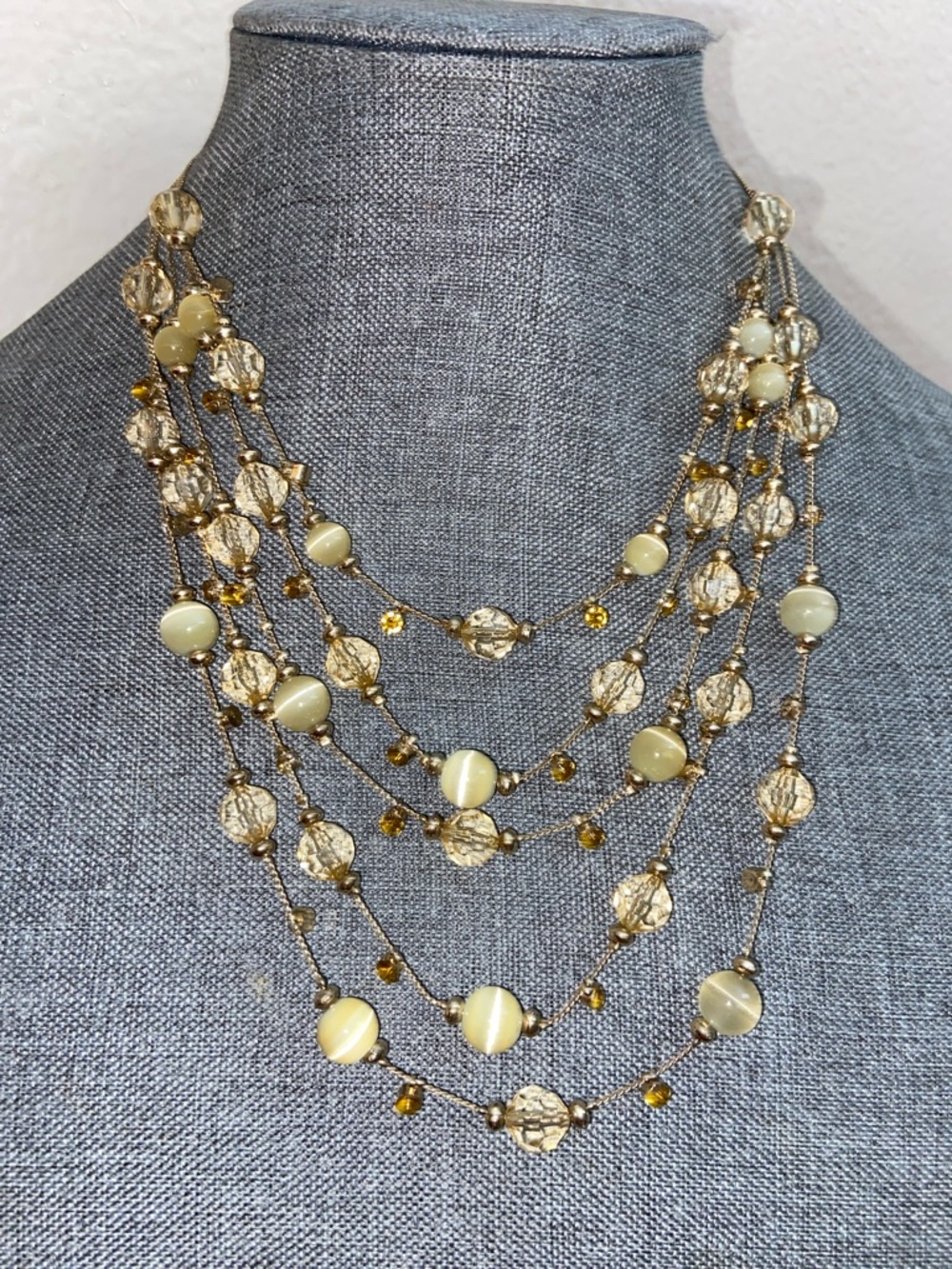 Vintage 90s 5 Strand Cats Eye Stone & Glass with Crystals Gold Tone Necklace